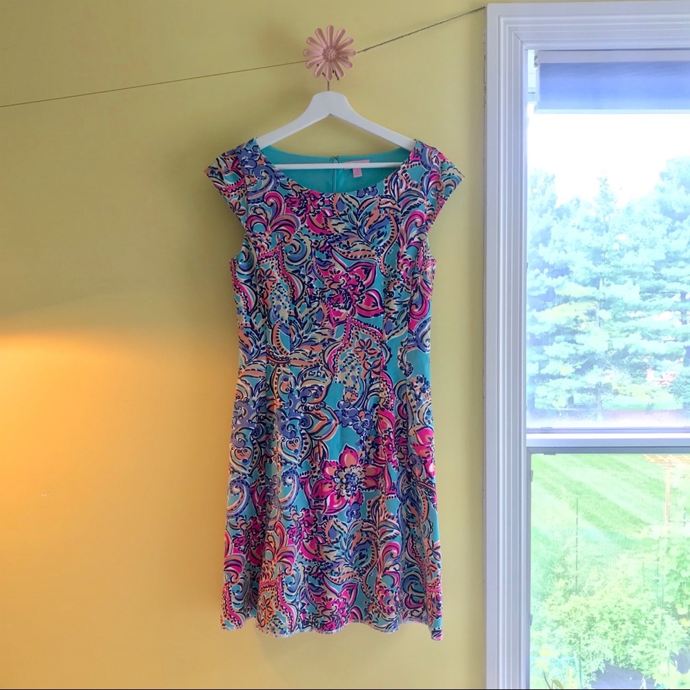 Lily Pullitzer Knit Boat Neck Blue, Hot Pink Dress - Picture 2 of 6